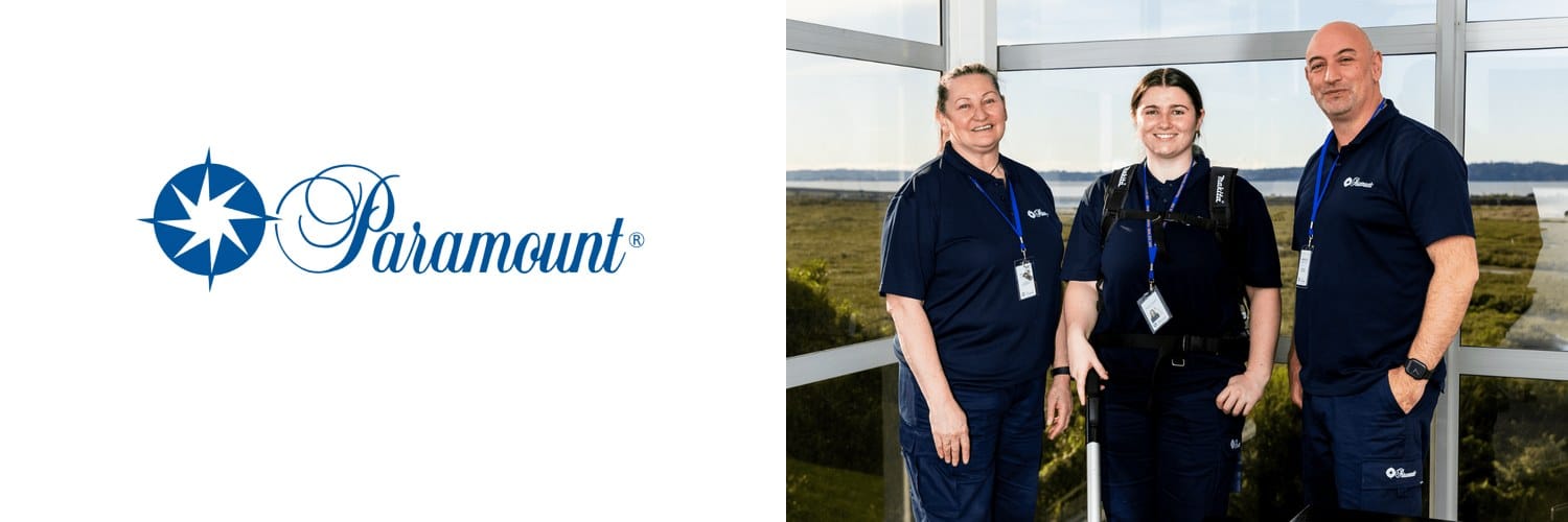 Paramount Cleaning - logo and cleaning team, commercial cleaners in Christchurch